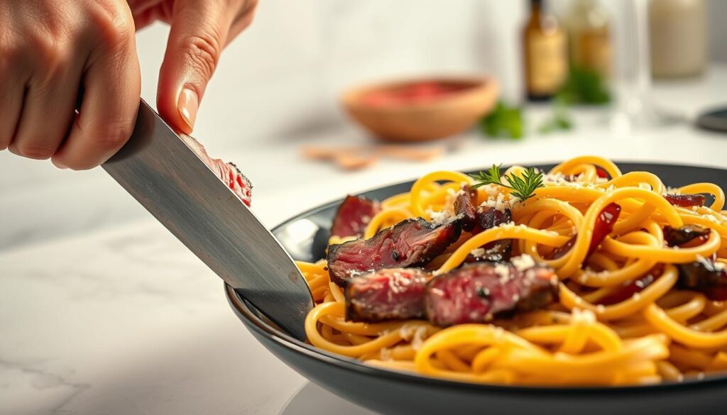 Gourmet Steak Pasta Preparation