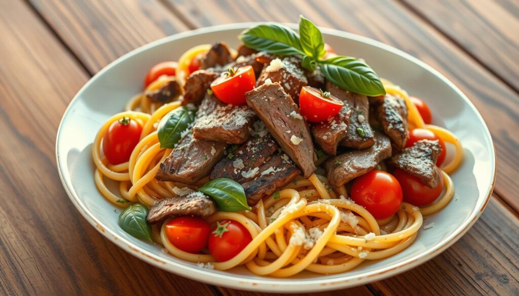 Mediterranean Steak Strip Pasta Dish