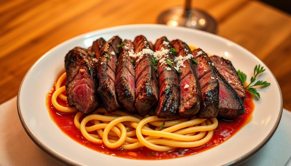 Restaurant-style steak and pasta plating